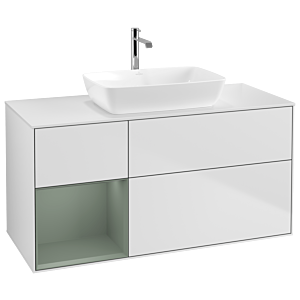 Villeroy et Boch Finion Villeroy et Boch G821GMMT 120cm, plaque de recouvrement blanc mat, Emotion, étagères laqué olive mat, laqué blanc mat