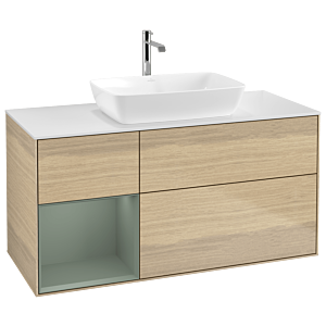 Villeroy und Boch Finion Waschtischunterschrank G821GMPC 120cm, Abdeckplatte white matt, Emotion, Regale Olive matt lacquer, Oak Veneer