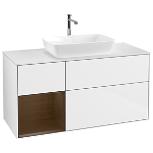 Villeroy et Boch Finion G821GNGF 120cm, plaque de recouvrement blanc mat, emotion, étagères Walnut Veneer , laqué blanc brillant