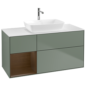 Villeroy und Boch Finion Waschtischunterschrank G821GNGM 120cm, Abdeckplatte white matt, Emotion, Regale Walnut Veneer, Olive Matt Lacquer