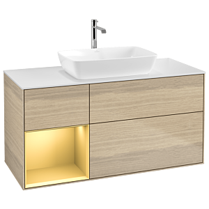 Villeroy und Boch Finion Waschtischunterschrank G821HFPC 120cm, Abdeckplatte white matt, Emotion, Regale Gold matt lacquer, Oak Veneer