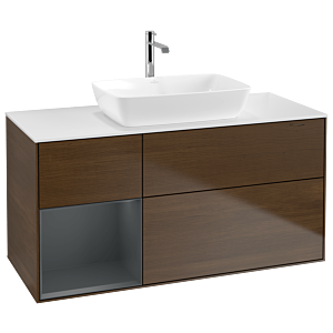 Villeroy und Boch Finion Waschtischunterschrank G821HGGN 120cm, Abdeckplatte white matt, Emotion, Regale Midnight matt lacquer, Walnut veneer