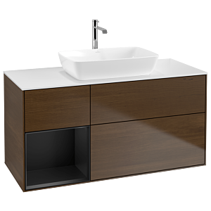 Villeroy und Boch Finion Waschtischunterschrank G821PDGN 120cm, Abdeckplatte white matt, Emotion, Regale Black matt lacquer, Walnut veneer