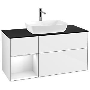 Villeroy und Boch Finion Waschtischunterschrank G822GFGF 120cm, Abdeckplatte black matt, Emotion, Regale Glossy white lacquer, Glossy white lacquer