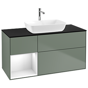 Villeroy und Boch Finion Waschtischunterschrank G822GFGM 120cm, Abdeckplatte black matt, Emotion, Regale Glossy white lacquer, Olive Matt Lacquer