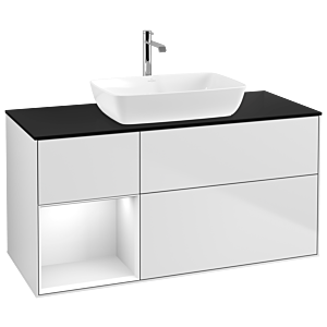 Villeroy und Boch Finion Waschtischunterschrank G822GFMT 120cm, Abdeckplatte black matt, Emotion, Regale Glossy white lacquer, White matt lacquer