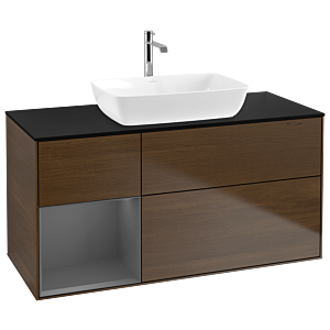 Villeroy und Boch Finion Waschtischunterschrank G822GKGN 120cm, Abdeckplatte black matt, Emotion, Regale Anthracite matt lacquer, Walnut veneer