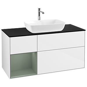 Villeroy und Boch Finion Waschtischunterschrank G822GMGF 120cm, Abdeckplatte black matt, Emotion, Regale Olive matt lacquer, Glossy white lacquer