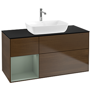 Villeroy und Boch Finion Waschtischunterschrank G822GMGN 120cm, Abdeckplatte black matt, Emotion, Regale Olive matt lacquer, Walnut veneer
