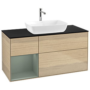 Villeroy und Boch Finion Waschtischunterschrank G822GMPC 120cm, Abdeckplatte black matt, Emotion, Regale Olive matt lacquer, Oak Veneer