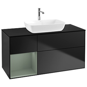 Villeroy und Boch Finion Waschtischunterschrank G822GMPD 120cm, Abdeckplatte black matt, Emotion, Regale Olive matt lacquer, Black matt lacquer