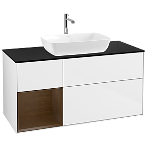 Villeroy und Boch Finion Waschtischunterschrank G822GNGF 120cm, Abdeckplatte black matt, Emotion, Regale Walnut Veneer, Glossy white lacquer