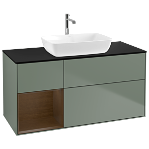 Villeroy und Boch Finion Waschtischunterschrank G822GNGM 120cm, Abdeckplatte black matt, Emotion, Regale Walnut Veneer, Olive Matt Lacquer