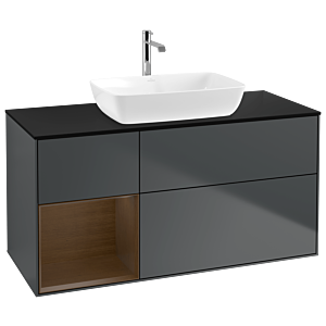 Villeroy und Boch Finion Waschtischunterschrank G822GNHG 120cm, Abdeckplatte black matt, Emotion, Regale Walnut Veneer, Midnight Blue Matt Lacquer