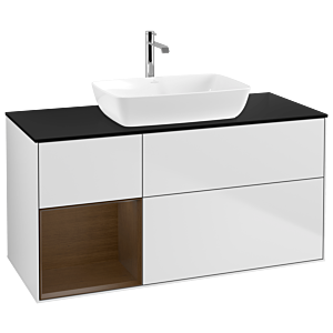 Villeroy und Boch Finion Waschtischunterschrank G822GNMT 120cm, Abdeckplatte black matt, Emotion, Regale Walnut Veneer, White matt lacquer