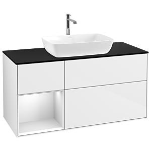 Villeroy und Boch Finion Waschtischunterschrank G822MTGF 120cm, Abdeckplatte black matt, Emotion, Regale White matt lacquer, Glossy white lacquer