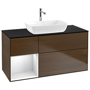 Villeroy und Boch Finion Waschtischunterschrank G822MTGN 120cm, Abdeckplatte black matt, Emotion, Regale White matt lacquer, Walnut veneer