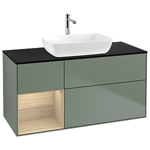 Villeroy und Boch Finion Waschtischunterschrank G822PCGM 120cm, Abdeckplatte black matt, Emotion, Regale Oak Veneer, Olive Matt Lacquer