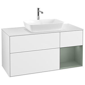 Villeroy und Boch Finion Waschtischunterschrank G831GMGF 120cm, Abdeckplatte white matt, Emotion, Regale Olive matt lacquer, Glossy white lacquer