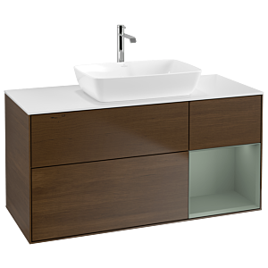 Villeroy und Boch Finion Waschtischunterschrank G831GMGN 120cm, Abdeckplatte white matt, Emotion, Regale Olive matt lacquer, Walnut veneer