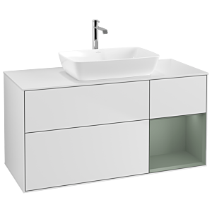 Villeroy und Boch Finion Waschtischunterschrank G831GMMT 120cm, Abdeckplatte white matt, Emotion, Regale Olive matt lacquer, White matt lacquer
