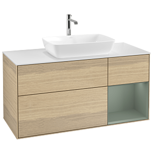 Villeroy und Boch Finion Waschtischunterschrank G831GMPC 120cm, Abdeckplatte white matt, Emotion, Regale Olive matt lacquer, Oak Veneer