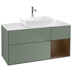 Villeroy und Boch Finion Waschtischunterschrank G831GNGM 120cm, Abdeckplatte white matt, Emotion, Regale Walnut Veneer, Olive Matt Lacquer
