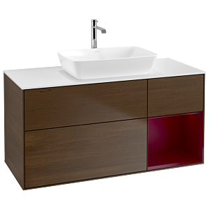 Villeroy und Boch Finion Waschtischunterschrank G831HBGN 120cm, Abdeckplatte white matt, Emotion, Regale Peony matt lacquer, Walnut veneer