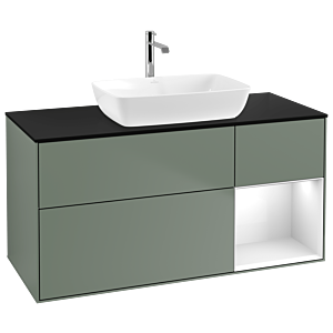 Villeroy und Boch Finion Waschtischunterschrank G832GFGM 120cm, Abdeckplatte black matt, Emotion, Regale Glossy white lacquer, Olive Matt Lacquer