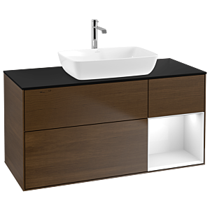 Villeroy und Boch Finion Waschtischunterschrank G832GFGN 120cm, Abdeckplatte black matt, Emotion, Regale Glossy white lacquer, Walnut veneer