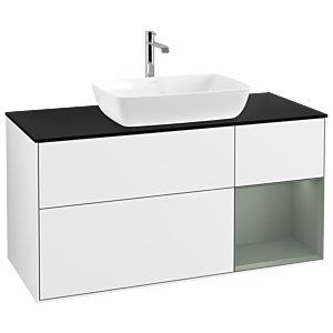 Villeroy und Boch Finion Waschtischunterschrank G832GMGF 120cm, Abdeckplatte black matt, Emotion, Regale Olive matt lacquer, Glossy white lacquer