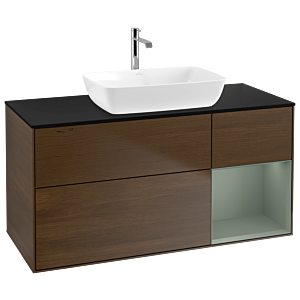 Villeroy und Boch Finion Waschtischunterschrank G832GMGN 120cm, Abdeckplatte black matt, Emotion, Regale Olive matt lacquer, Walnut veneer