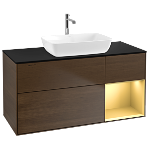 Villeroy und Boch Finion Waschtischunterschrank G832HFGN 120cm, Abdeckplatte black matt, Emotion, Regale Gold matt lacquer, Walnut veneer