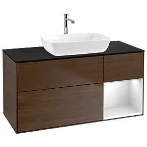 Villeroy und Boch Finion Waschtischunterschrank G832MTGN 120cm, Abdeckplatte black matt, Emotion, Regale White matt lacquer, Walnut veneer