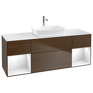 Villeroy und Boch Finion Waschtischunterschrank G861GFGN 160cm, Abdeckplatte white matt, Emotion, Regale Glossy white lacquer, Walnut veneer