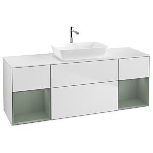 Villeroy und Boch Finion Waschtischunterschrank G861GMMT 160cm, Abdeckplatte white matt, Emotion, Regale Olive matt lacquer, White matt lacquer