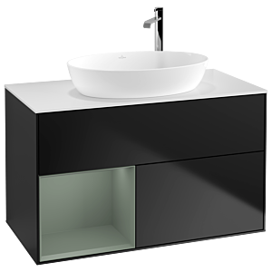 Villeroy und Boch Finion Waschtischunterschrank G891GMPD 100cm, Abdeckplatte white matt, Emotion, Regale Olive matt lacquer, Black matt lacquer