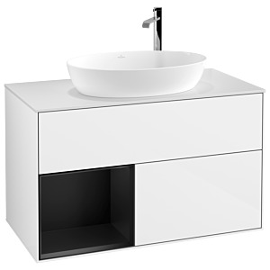 Villeroy und Boch Finion Waschtischunterschrank G891PDGF 100cm, Abdeckplatte white matt, Emotion, Regale Black matt lacquer, Glossy white lacquer