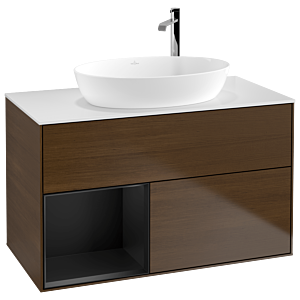 Villeroy und Boch Finion Waschtischunterschrank G891PDGN 100cm, Abdeckplatte white matt, Emotion, Regale Black matt lacquer, Walnut veneer