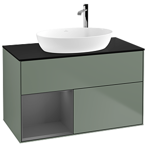 Villeroy und Boch Finion Waschtischunterschrank G892GKGM 100cm, Abdeckplatte black matt, Emotion, Regale Anthracite matt lacquer, Olive Matt Lacquer