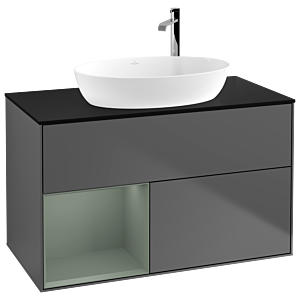 Villeroy und Boch Finion Waschtischunterschrank G892GMGK 100cm, Abdeckplatte black matt, Emotion, Regale Olive matt lacquer, Anthracite matt