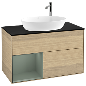 Villeroy und Boch Finion Waschtischunterschrank G892GMPC 100cm, Abdeckplatte black matt, Emotion, Regale Olive matt lacquer, Oak Veneer