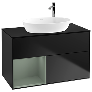 Villeroy und Boch Finion Waschtischunterschrank G892GMPD 100cm, Abdeckplatte black matt, Emotion, Regale Olive matt lacquer, Black matt lacquer