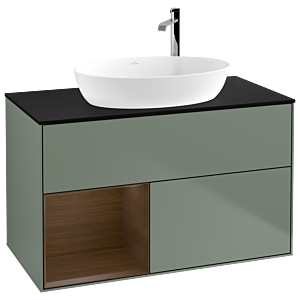 Villeroy und Boch Finion Waschtischunterschrank G892GNGM 100cm, Abdeckplatte black matt, Emotion, Regale Walnut Veneer, Olive Matt Lacquer