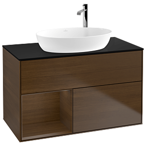 Villeroy und Boch Finion Waschtischunterschrank G892GNGN 100cm, Abdeckplatte black matt, Emotion, Regale Walnut Veneer, Walnut veneer