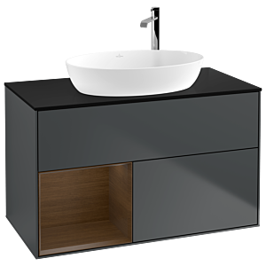 Villeroy und Boch Finion Waschtischunterschrank G892GNHG 100cm, Abdeckplatte black matt, Emotion, Regale Walnut Veneer, Midnight Blue Matt Lacquer