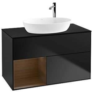Villeroy und Boch Finion Waschtischunterschrank G892GNPD 100cm, Abdeckplatte black matt, Emotion, Regale Walnut Veneer, Black matt lacquer