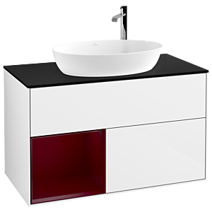Villeroy und Boch Finion Waschtischunterschrank G892HBGF 100cm, Abdeckplatte black matt, Emotion, Regale Peony matt lacquer, Glossy white lacquer