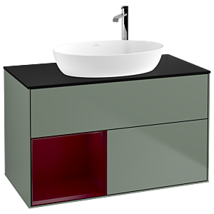 Villeroy et Boch Finion Villeroy et Boch G892HBGM 100cm, plaque de recouvrement noire mate, Emotion, étagères Peony laqué mat, Olive Matt Lacquer