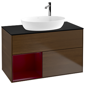 Villeroy und Boch Finion Waschtischunterschrank G892HBGN 100cm, Abdeckplatte black matt, Emotion, Regale Peony matt lacquer, Walnut veneer